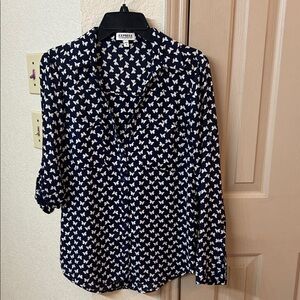 Express Dark Blue and White Patterned Women's Button Down Shirt